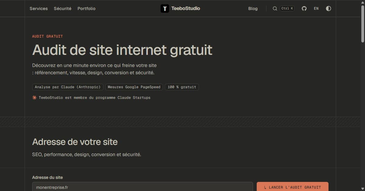 Page de l’audit de site internet gratuit de TeeboStudio