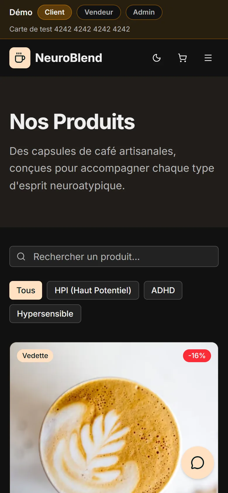 Le catalogue de la démo NeuroBlend sur mobile