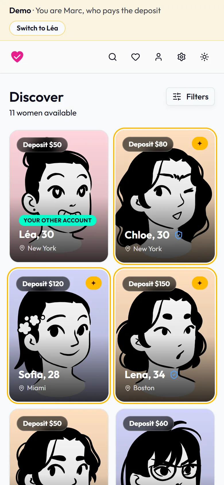 La démo NoPayNoDate sur mobile